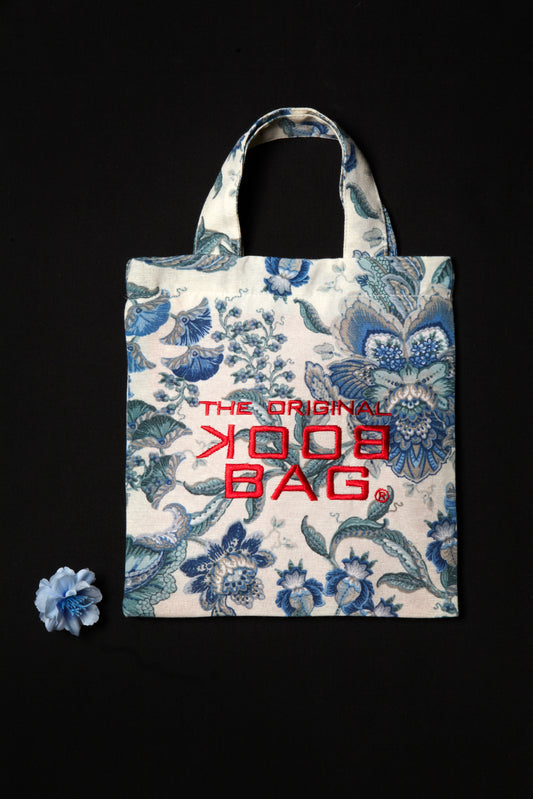Book Bag - White Blue with embroidery and lining
